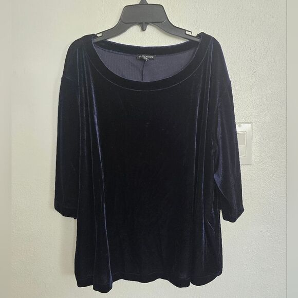 Eileen Fisher Boxy Velvet Top In Navy Blue Size Large - Picture 2 of 8